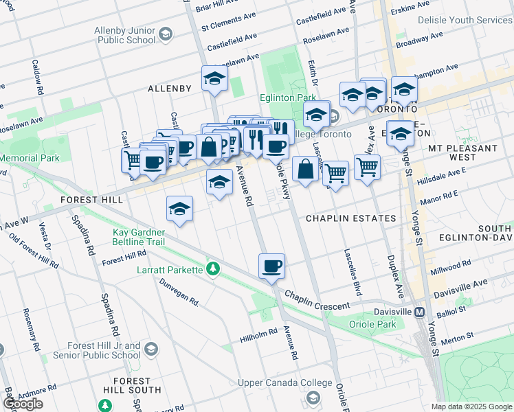 map of restaurants, bars, coffee shops, grocery stores, and more near 955 Avenue Road in Toronto