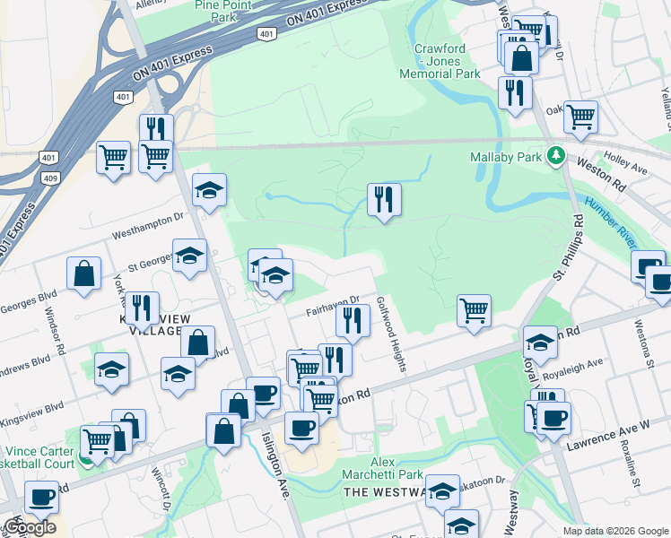 map of restaurants, bars, coffee shops, grocery stores, and more near 61 Golfwood Heights in Toronto