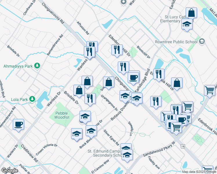 map of restaurants, bars, coffee shops, grocery stores, and more near 22 Allness Road in Brampton