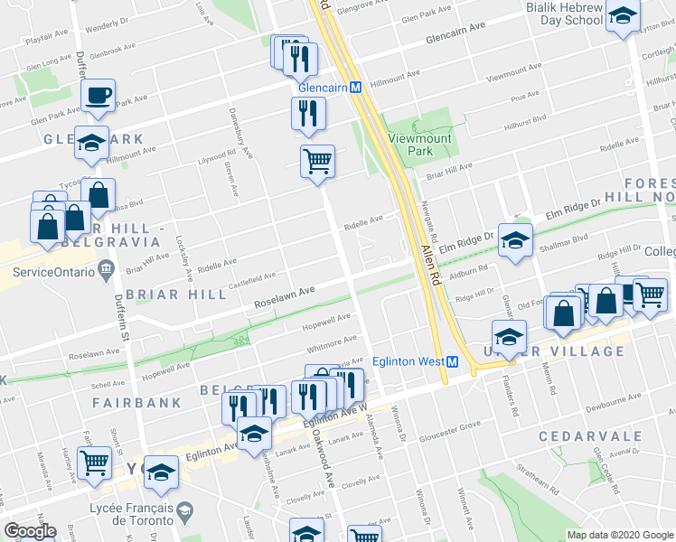 map of restaurants, bars, coffee shops, grocery stores, and more near 126 Marlee Avenue in Toronto