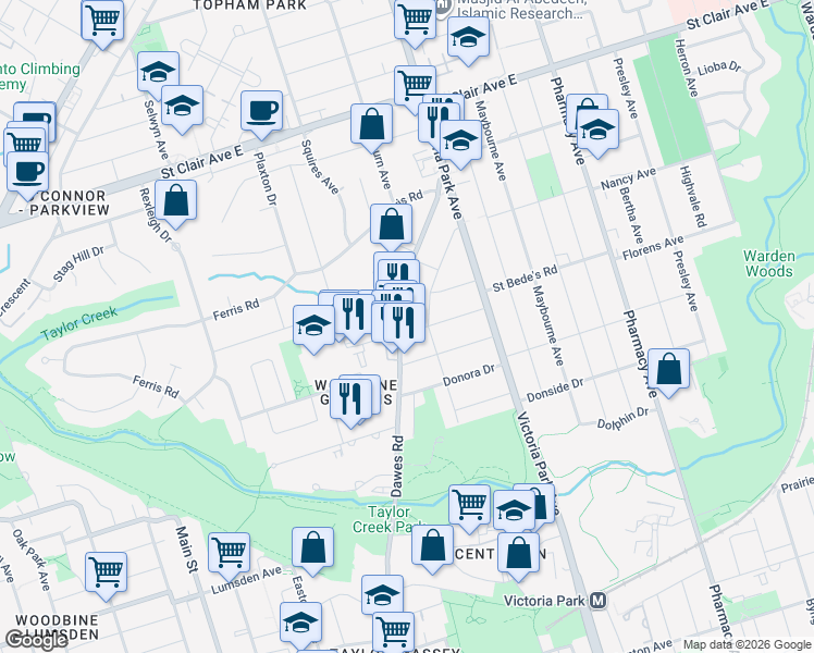 map of restaurants, bars, coffee shops, grocery stores, and more near in Toronto
