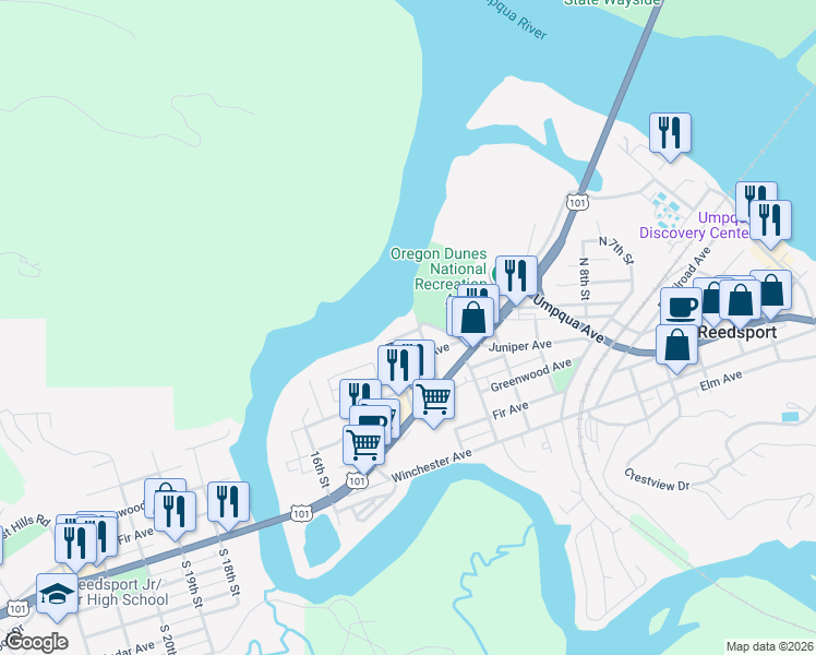 map of restaurants, bars, coffee shops, grocery stores, and more near 1225 Juniper Avenue in Reedsport