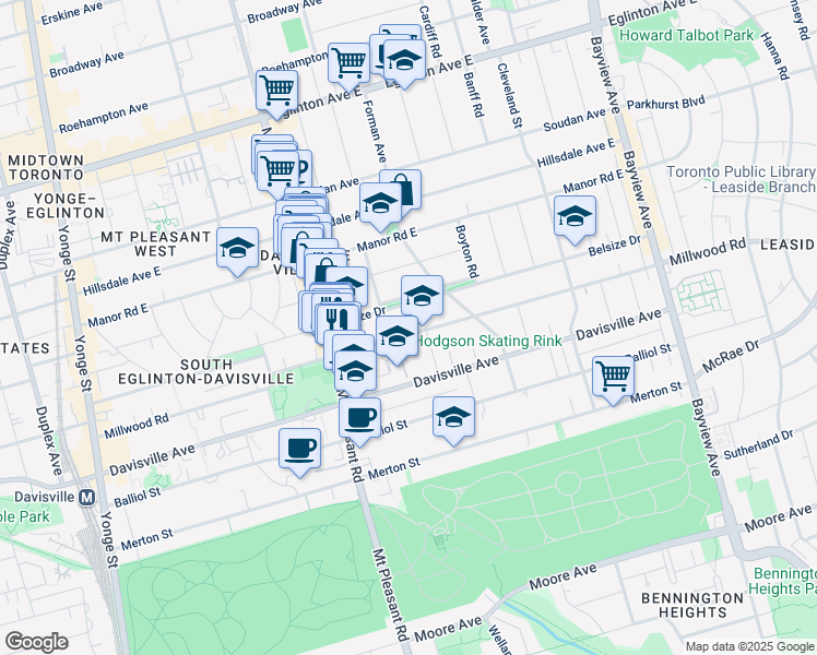 map of restaurants, bars, coffee shops, grocery stores, and more near in Toronto