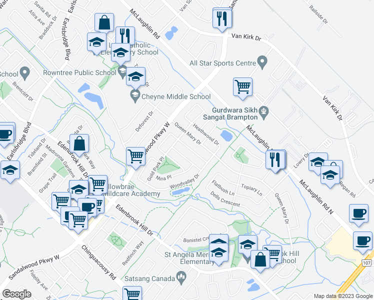 map of restaurants, bars, coffee shops, grocery stores, and more near 12 Poplar Plains Road in Brampton