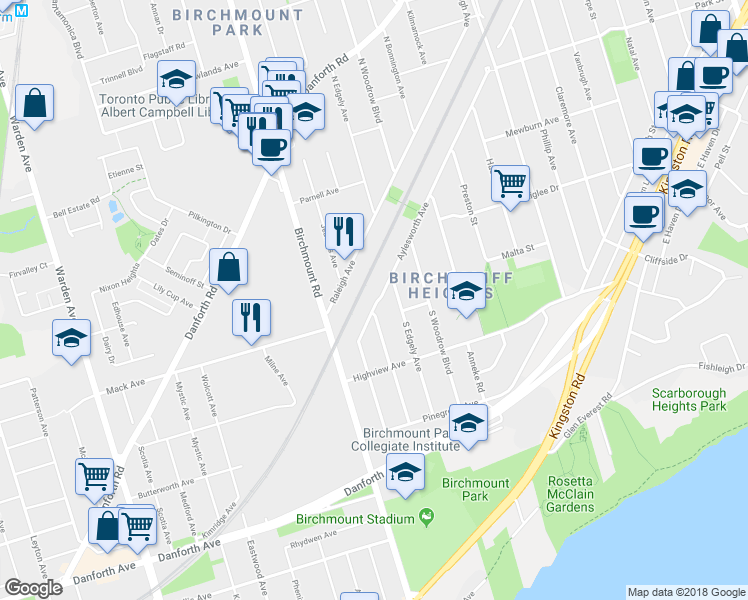 map of restaurants, bars, coffee shops, grocery stores, and more near 150 Aylesworth Avenue in Toronto