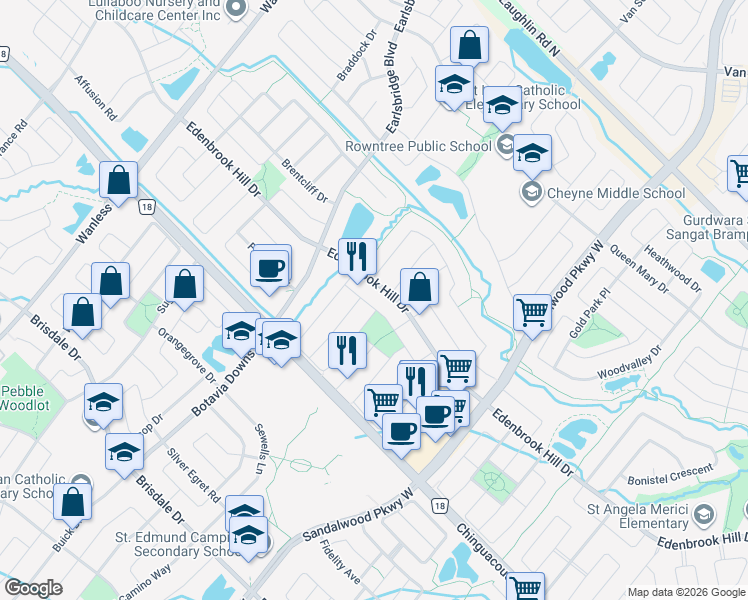 map of restaurants, bars, coffee shops, grocery stores, and more near 41 Madronna Gardens in Brampton