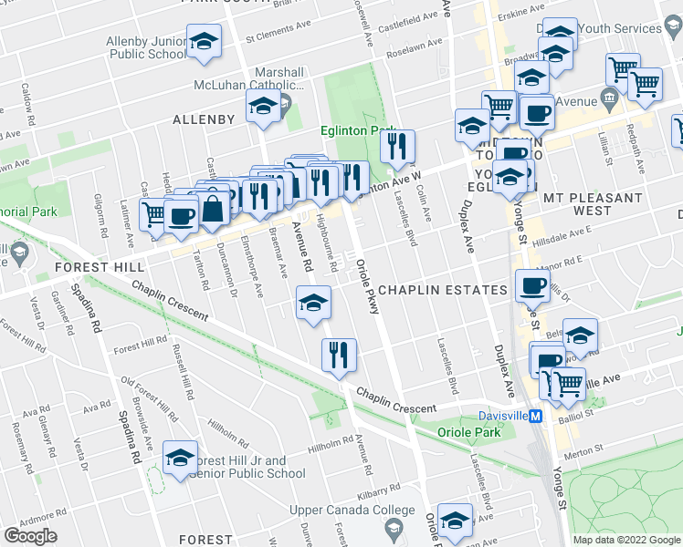 map of restaurants, bars, coffee shops, grocery stores, and more near 137 Highbourne Road in Toronto