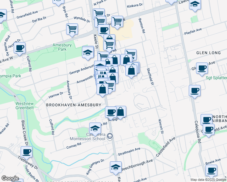 map of restaurants, bars, coffee shops, grocery stores, and more near 2275 Keele Street in Toronto