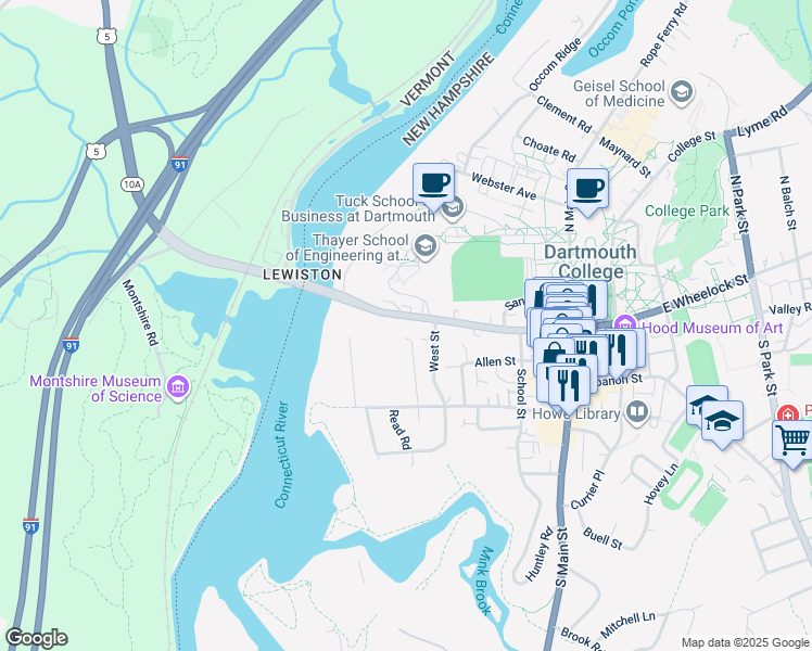 map of restaurants, bars, coffee shops, grocery stores, and more near 1 West Street in Hanover