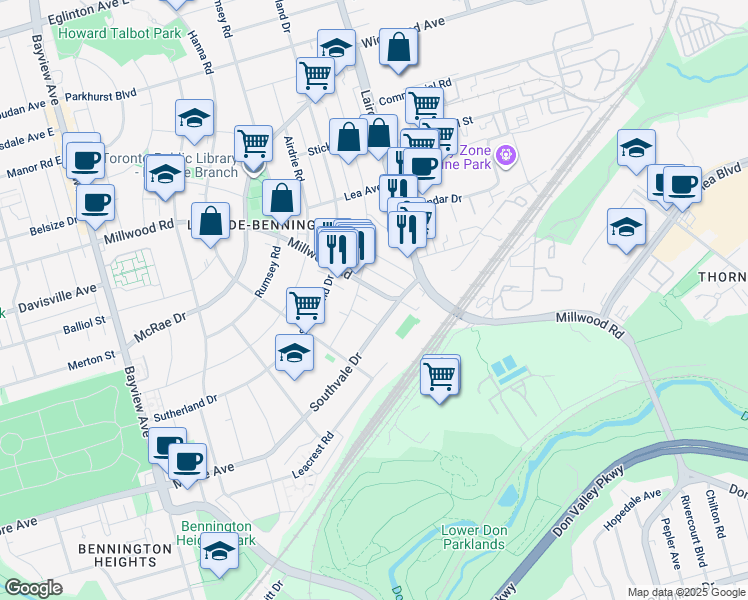 map of restaurants, bars, coffee shops, grocery stores, and more near in Toronto