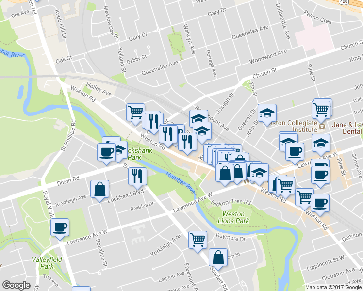 map of restaurants, bars, coffee shops, grocery stores, and more near in Toronto