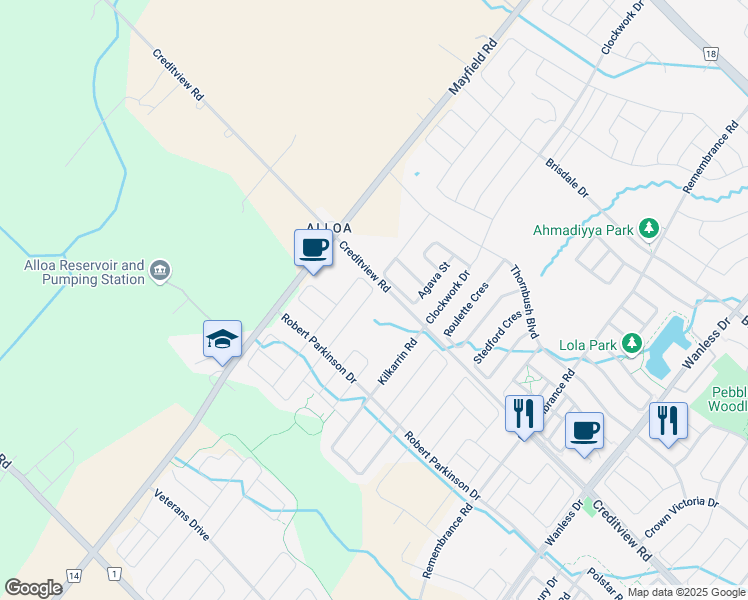 map of restaurants, bars, coffee shops, grocery stores, and more near in Brampton