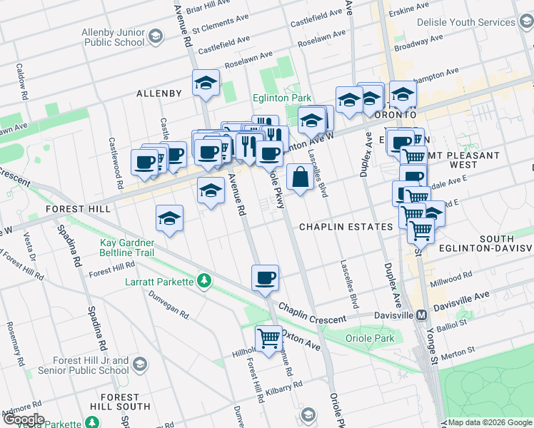 map of restaurants, bars, coffee shops, grocery stores, and more near in Toronto