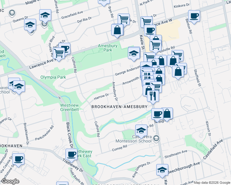 map of restaurants, bars, coffee shops, grocery stores, and more near 39 Amesbury Drive in Toronto