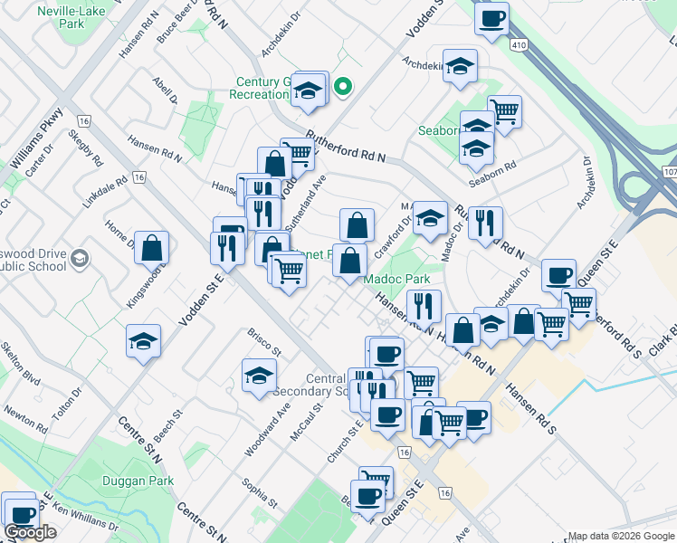 map of restaurants, bars, coffee shops, grocery stores, and more near 109 Hansen Road North in Brampton
