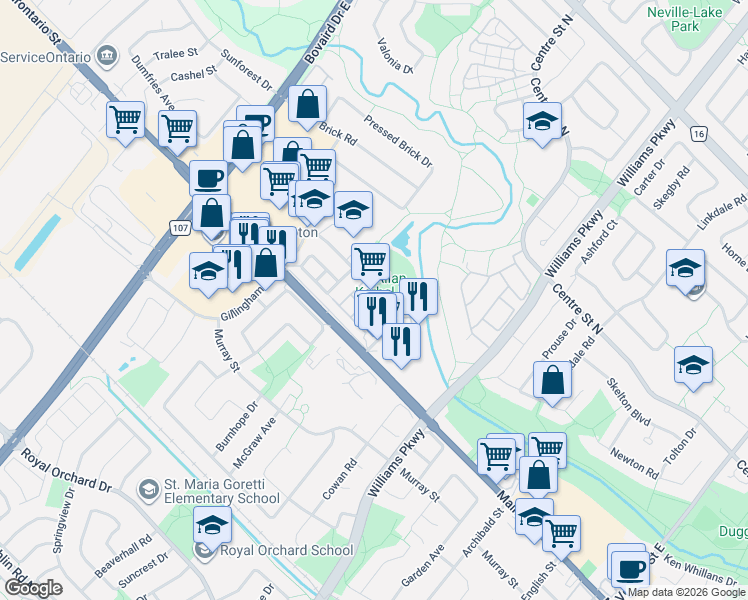map of restaurants, bars, coffee shops, grocery stores, and more near 66-100 Brickyard Way in Brampton