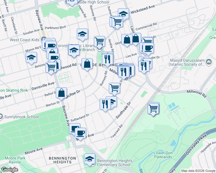 map of restaurants, bars, coffee shops, grocery stores, and more near 120 Airdrie Road in Toronto