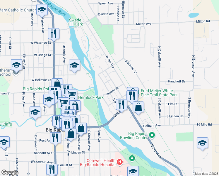 map of restaurants, bars, coffee shops, grocery stores, and more near 312 2nd Avenue in Big Rapids
