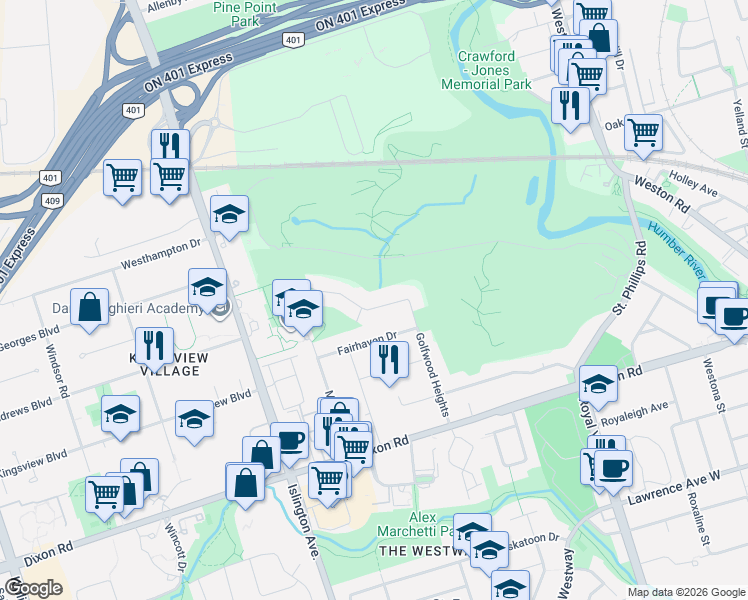 map of restaurants, bars, coffee shops, grocery stores, and more near 61 Golfwood Heights in Toronto
