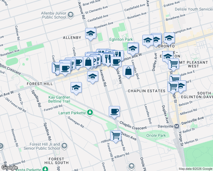 map of restaurants, bars, coffee shops, grocery stores, and more near 963 Avenue Road in Toronto