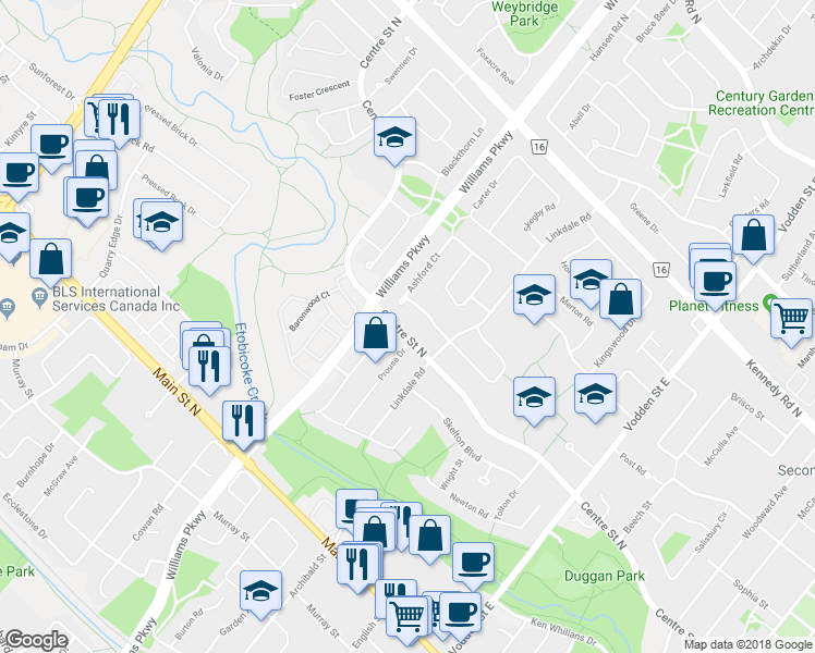 map of restaurants, bars, coffee shops, grocery stores, and more near 346 Centre Street North in Brampton