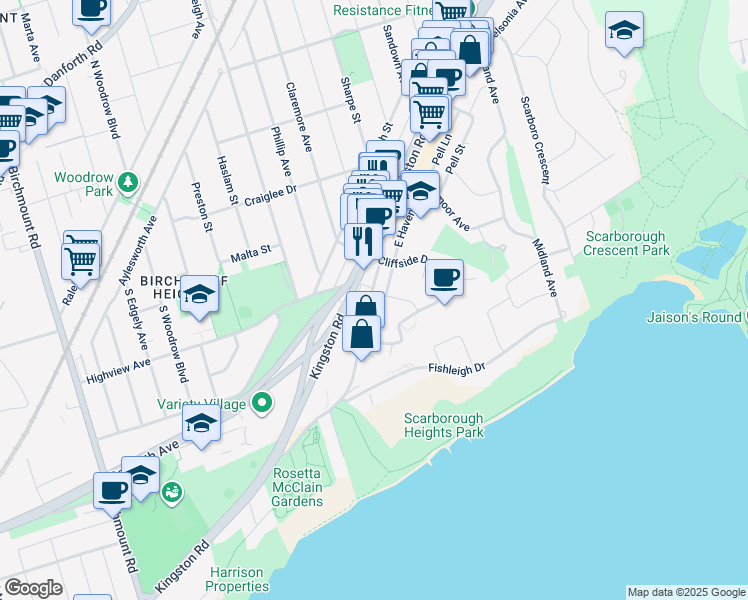 map of restaurants, bars, coffee shops, grocery stores, and more near 20 Aylesford Drive in Toronto