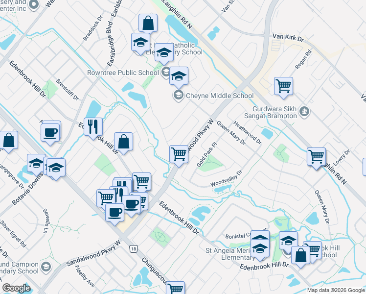 map of restaurants, bars, coffee shops, grocery stores, and more near 44 Dunvegan Crescent in Brampton
