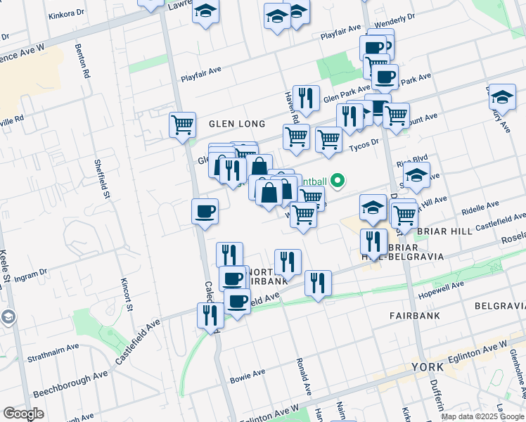 map of restaurants, bars, coffee shops, grocery stores, and more near 100 Wingold Avenue in Toronto