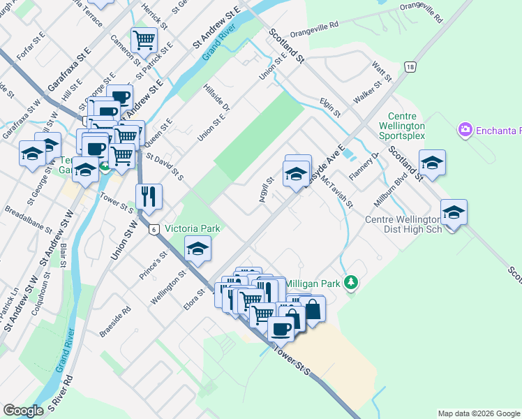 map of restaurants, bars, coffee shops, grocery stores, and more near 589 McAlister Street in Fergus