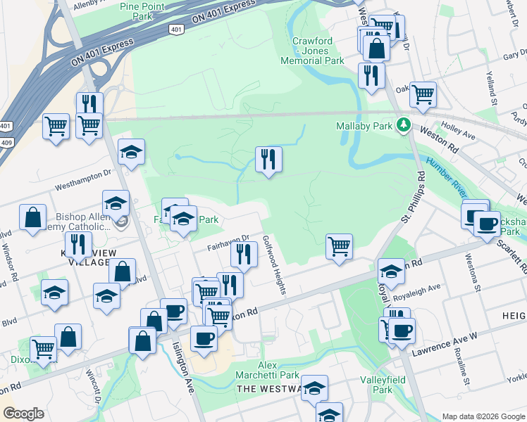 map of restaurants, bars, coffee shops, grocery stores, and more near 51 Golfwood Heights in Toronto