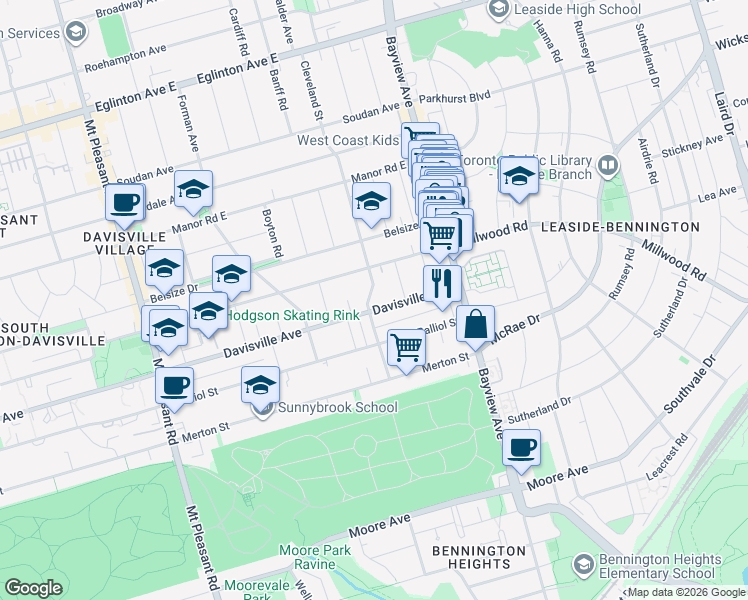 map of restaurants, bars, coffee shops, grocery stores, and more near in Toronto