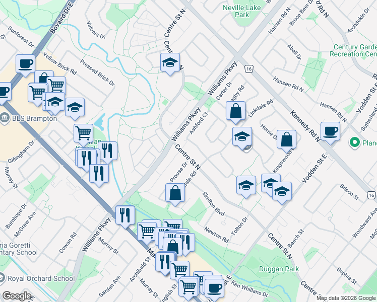 map of restaurants, bars, coffee shops, grocery stores, and more near 346 Centre Street North in Brampton