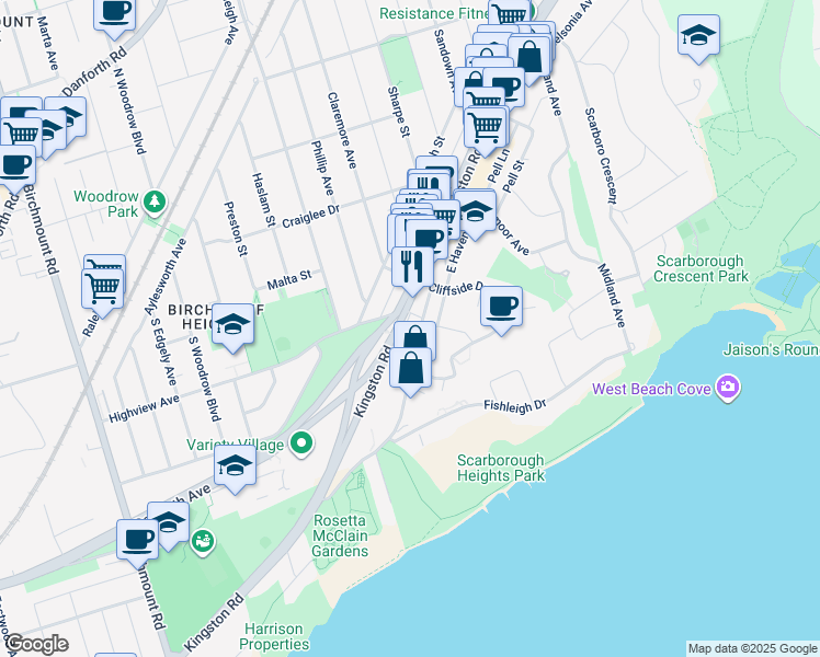 map of restaurants, bars, coffee shops, grocery stores, and more near 62 Glen Everest Road in Toronto