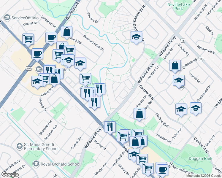 map of restaurants, bars, coffee shops, grocery stores, and more near 40 Baronwood Court in Brampton