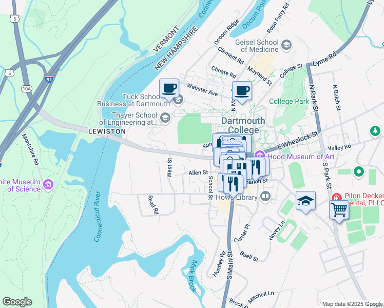 map of restaurants, bars, coffee shops, grocery stores, and more near 17 West Wheelock Street in Hanover