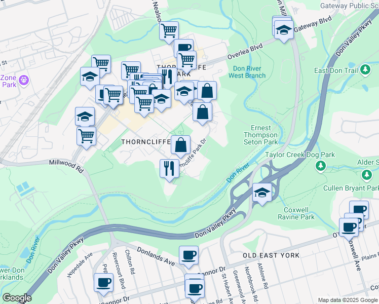 map of restaurants, bars, coffee shops, grocery stores, and more near in Toronto