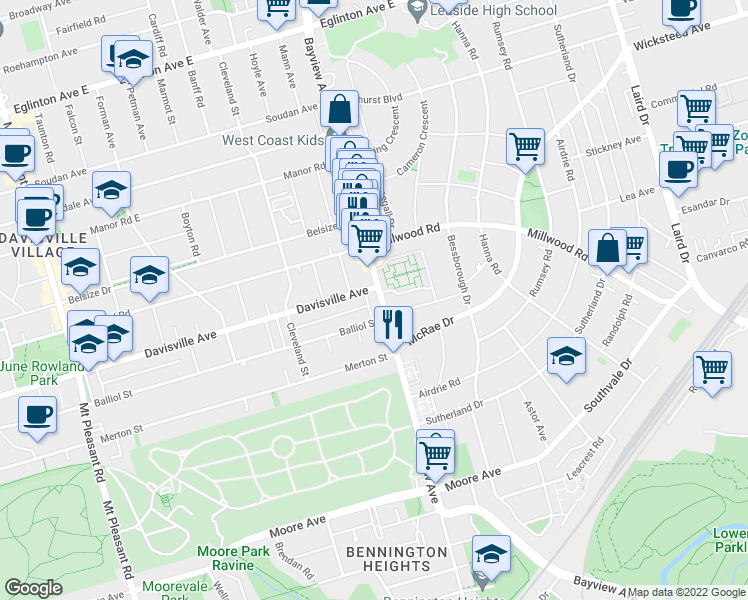 map of restaurants, bars, coffee shops, grocery stores, and more near in Toronto