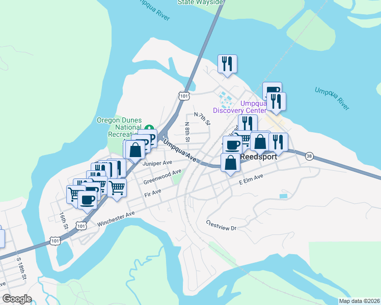 map of restaurants, bars, coffee shops, grocery stores, and more near 790 North 8th Street in Reedsport