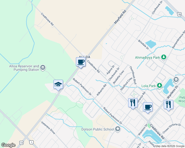 map of restaurants, bars, coffee shops, grocery stores, and more near 41 Humberstone Crescent in Brampton