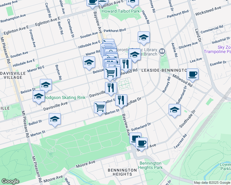 map of restaurants, bars, coffee shops, grocery stores, and more near 1454 Bayview Avenue in Toronto
