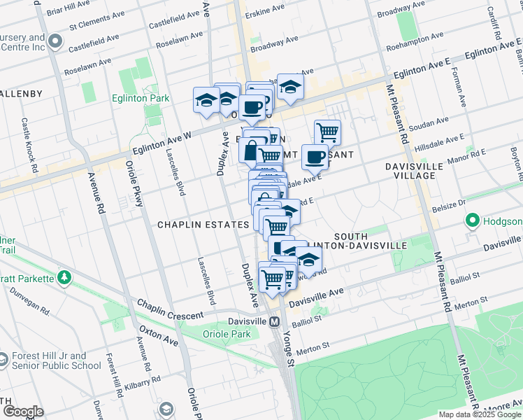 map of restaurants, bars, coffee shops, grocery stores, and more near 8 Manor Road West in Toronto