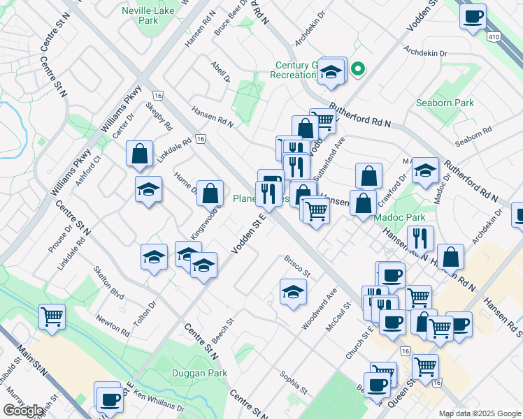 map of restaurants, bars, coffee shops, grocery stores, and more near 131 Kennedy Road North in Brampton
