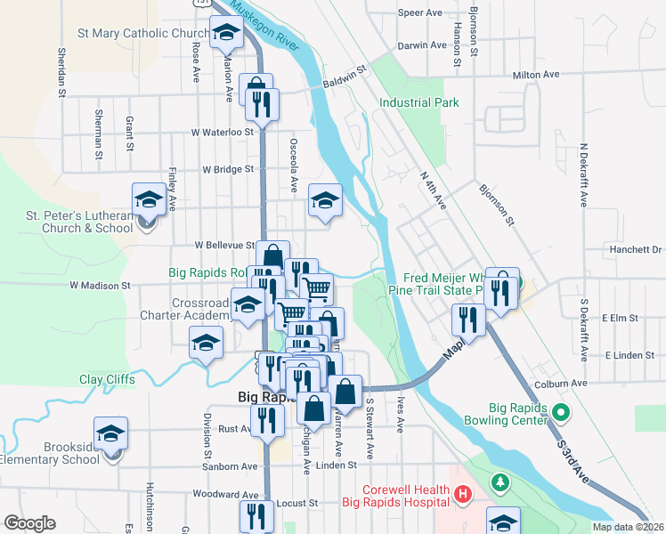 map of restaurants, bars, coffee shops, grocery stores, and more near 422 North Michigan Avenue in Big Rapids