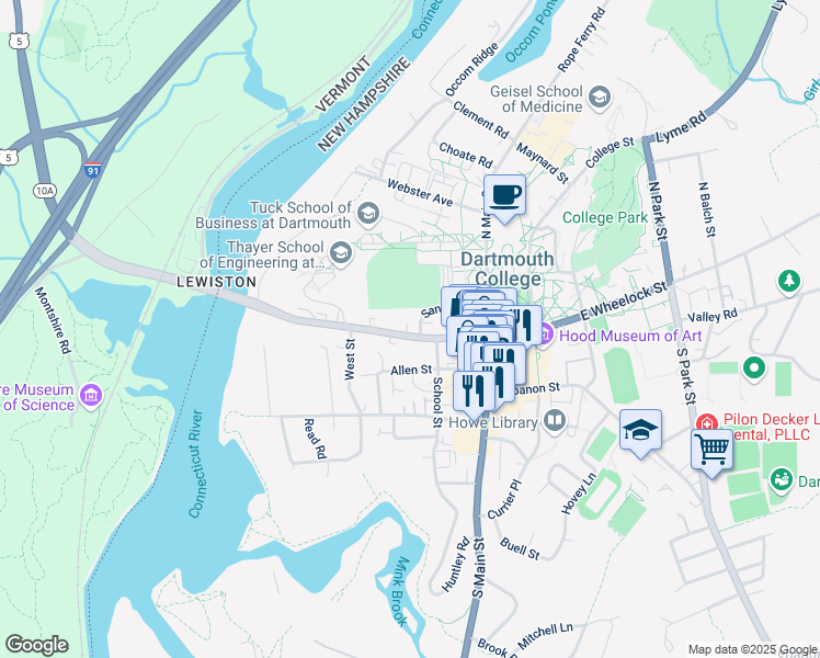 map of restaurants, bars, coffee shops, grocery stores, and more near 17 West Wheelock Street in Hanover
