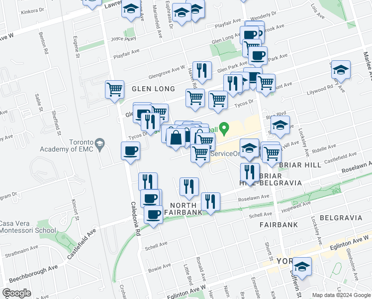 map of restaurants, bars, coffee shops, grocery stores, and more near 90 Wingold Avenue in Toronto