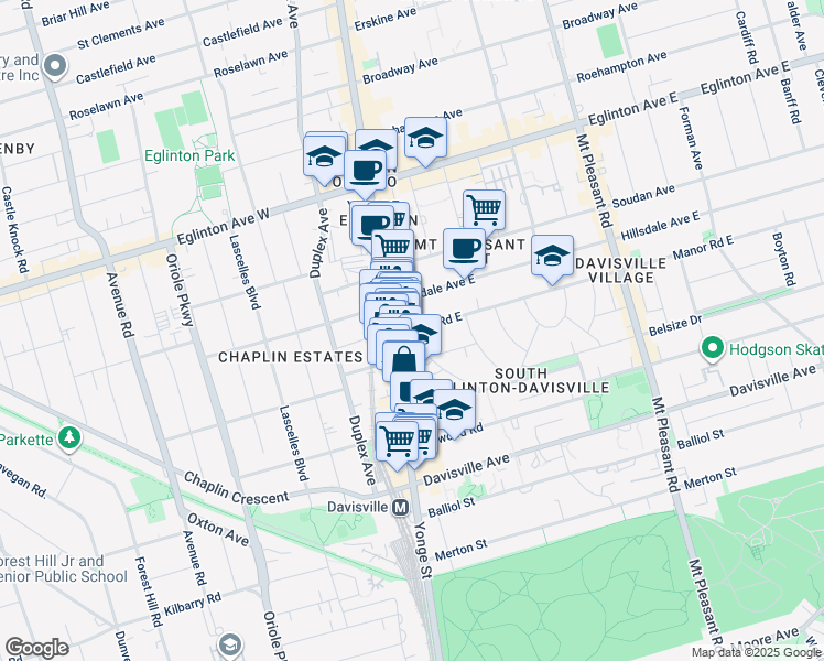 map of restaurants, bars, coffee shops, grocery stores, and more near 17 Manor Road East in Toronto