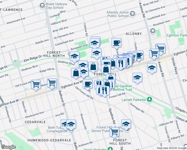 map of restaurants, bars, coffee shops, grocery stores, and more near 716 Eglinton Avenue West in Toronto