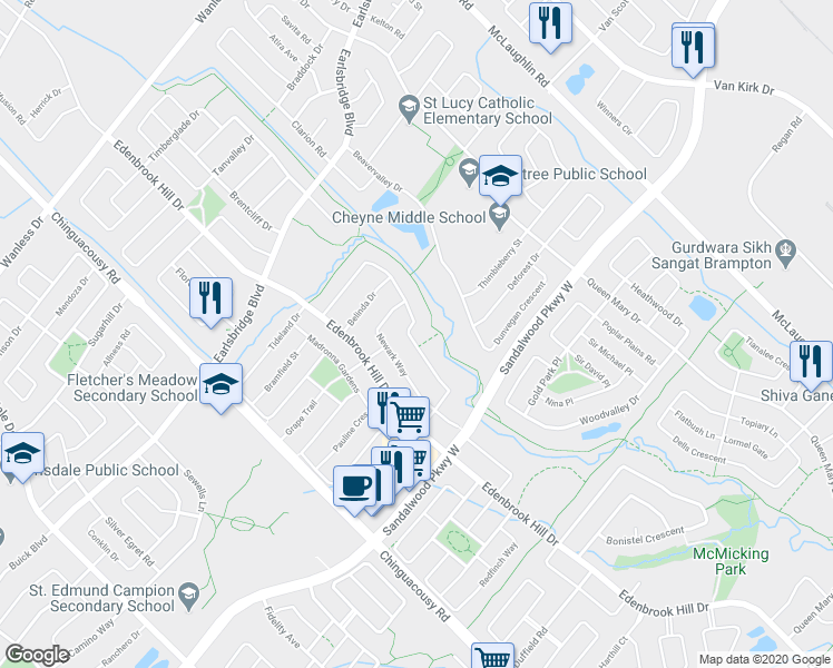 map of restaurants, bars, coffee shops, grocery stores, and more near 50 River Rock Crescent in Brampton