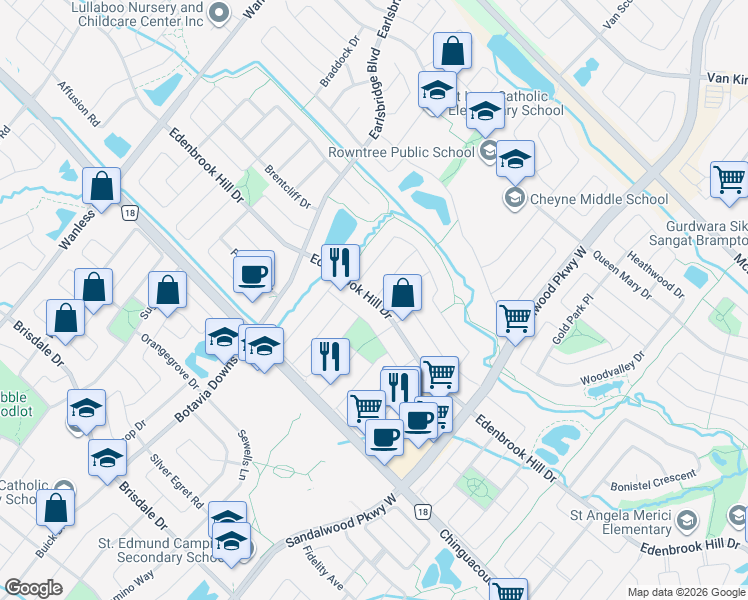 map of restaurants, bars, coffee shops, grocery stores, and more near Edenbrook Hill Drive in Brampton