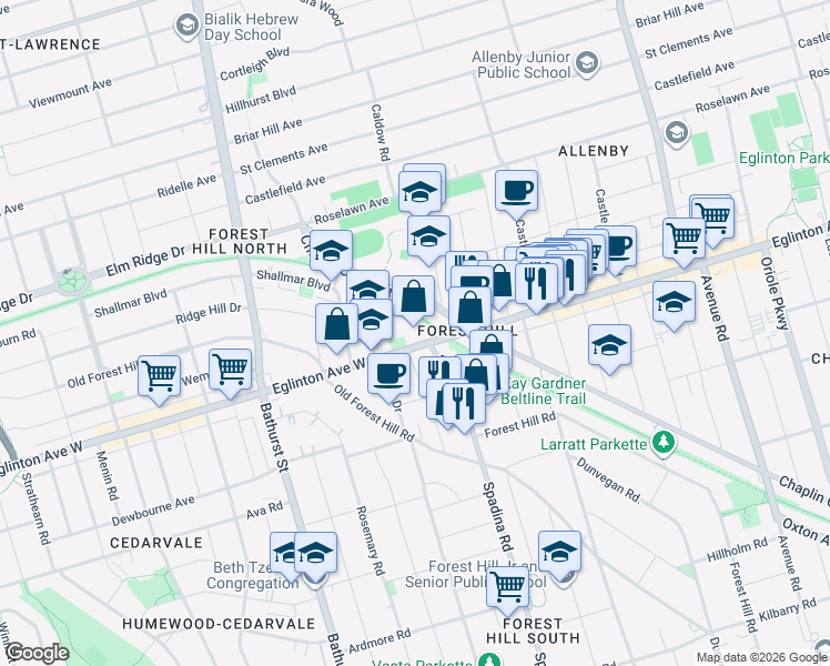 map of restaurants, bars, coffee shops, grocery stores, and more near 660 Eglinton Avenue West in Toronto